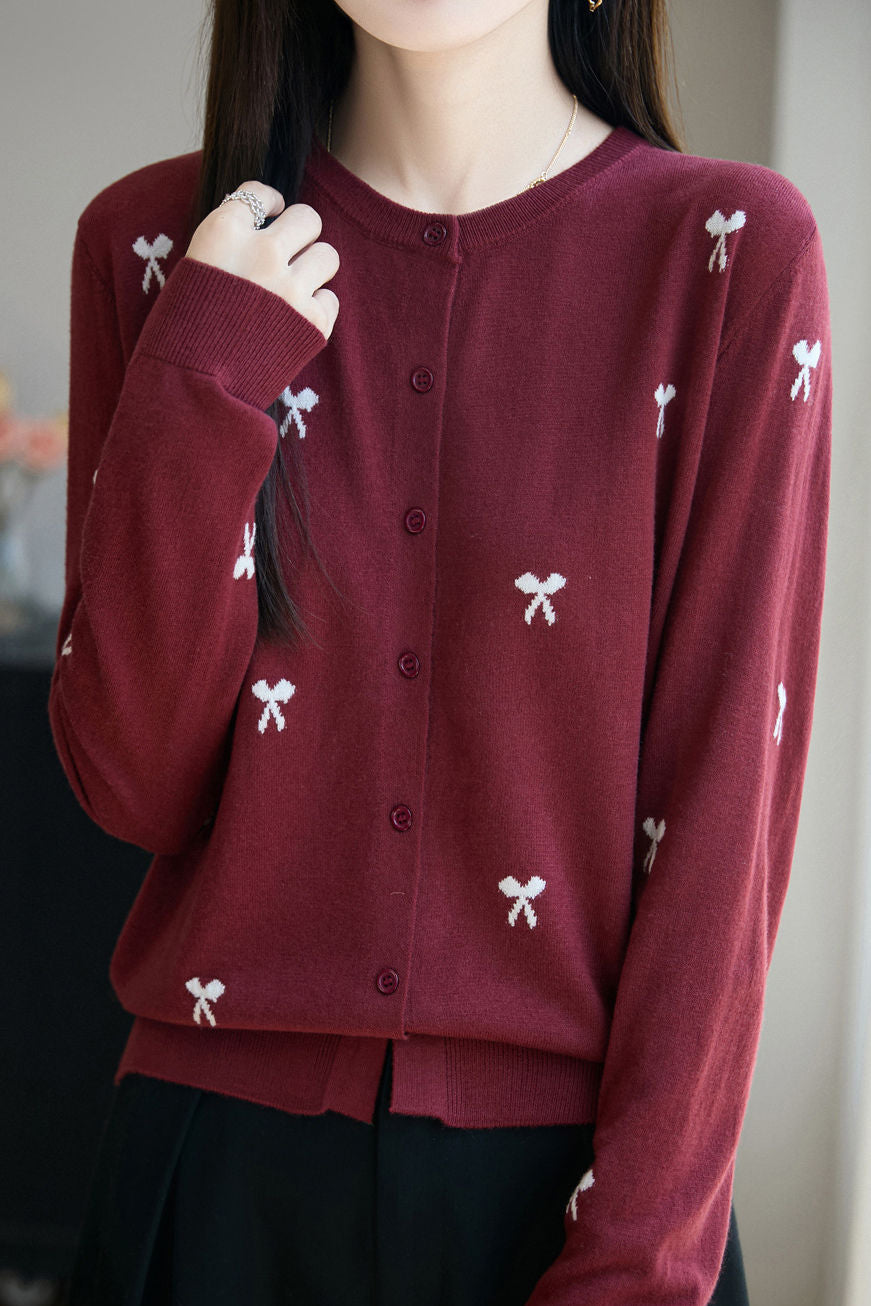 Casual Knit Cardigan With Bow Pattern
