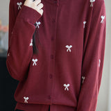 Casual Knit Cardigan With Bow Pattern