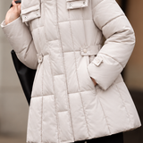 Elegant High Neck Hooded Quilted Plaid Long Sleeve Puffer Coat