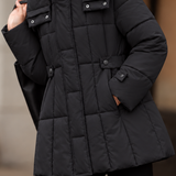 Elegant High Neck Hooded Quilted Plaid Long Sleeve Puffer Coat