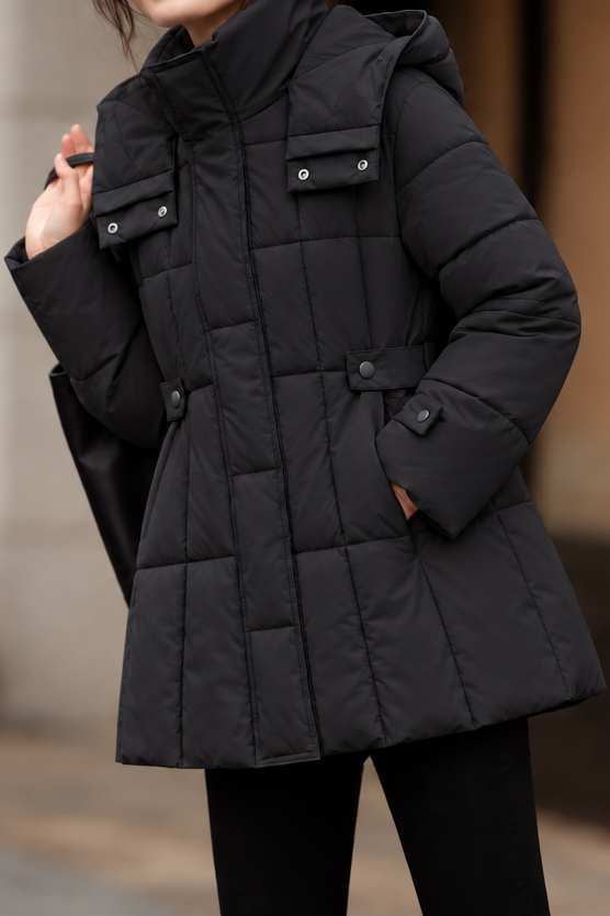 Elegant High Neck Hooded Quilted Plaid Long Sleeve Puffer Coat