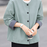 Casual Round Neck Plaid Cuff Long Sleeve Jacket
