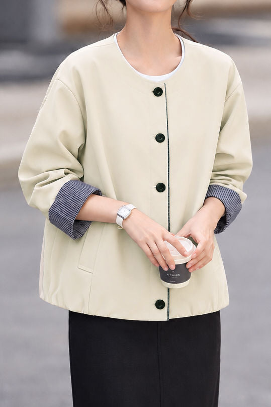 Casual Round Neck Plaid Cuff Long Sleeve Jacket