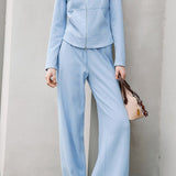 Casual Stand Collar Zipper Long Sleeve Outerwear And High Waist Drawstring Wide Leg Pants Set