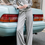 Casual Stand Collar Zipper Long Sleeve Outerwear And High Waist Drawstring Wide Leg Pants Set