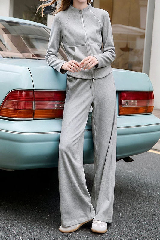 Casual Stand Collar Zipper Long Sleeve Outerwear And High Waist Drawstring Wide Leg Pants Set