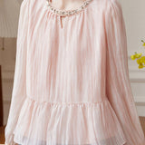 Exquisite Elegant Round Neck Beaded Long Sleeve Shirt