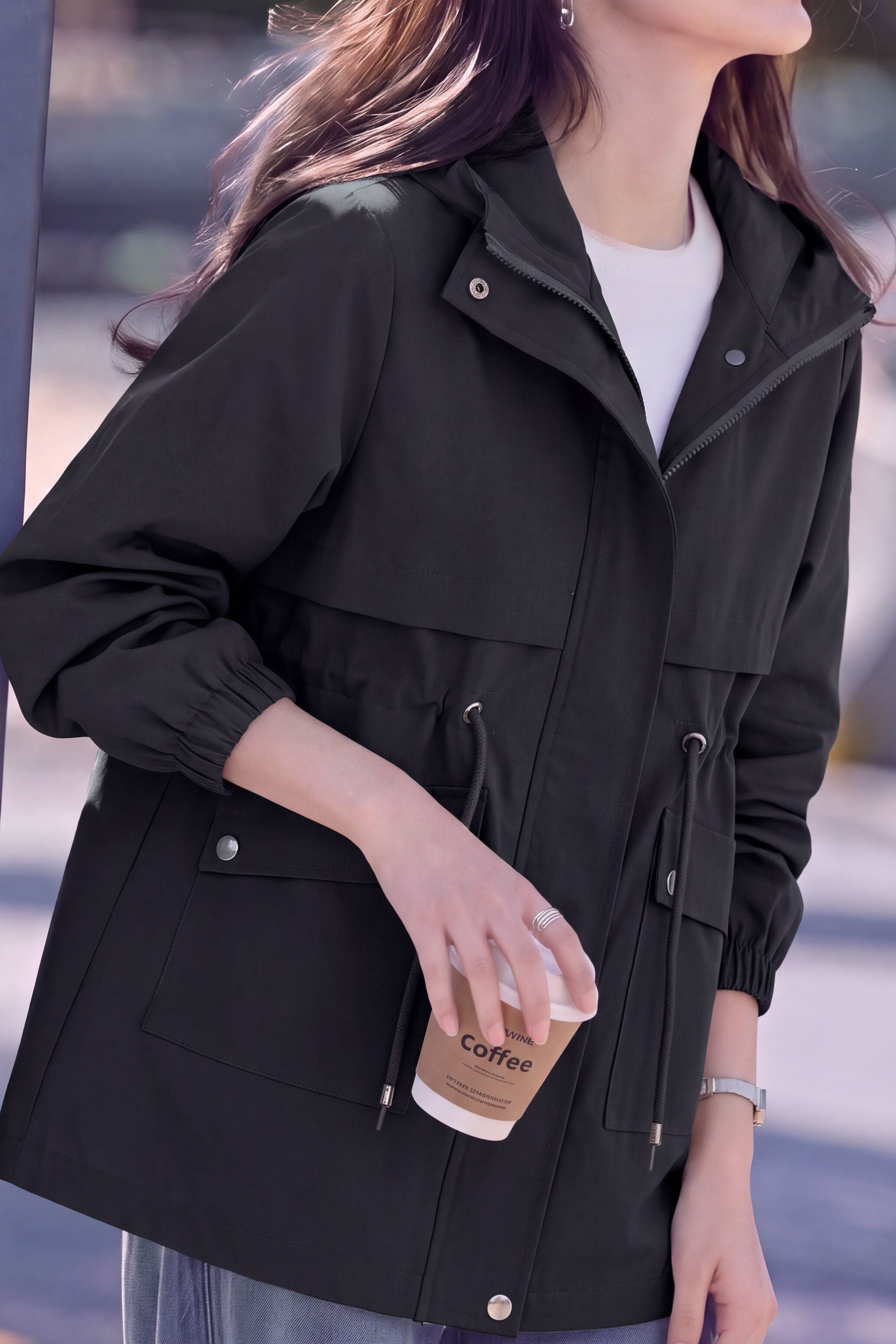 Casual Hooded Trench Coat With Diagonal Patch Pockets