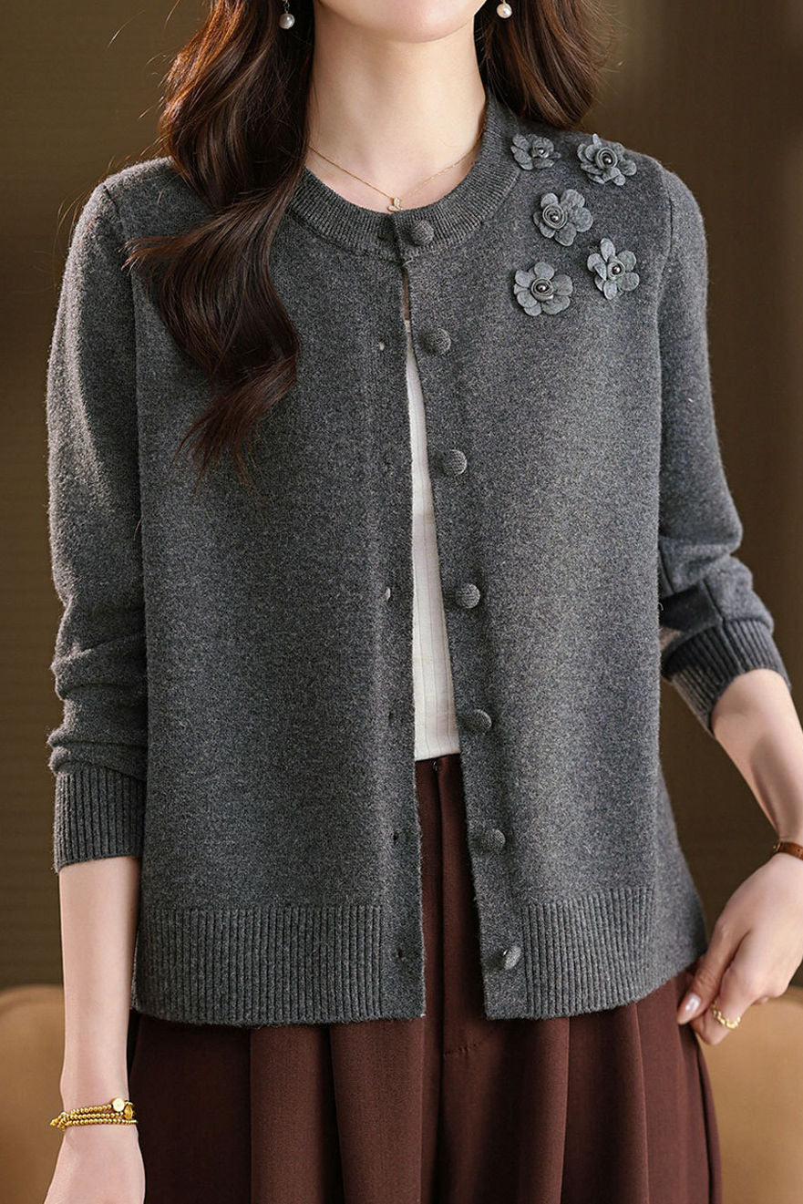 Elegant Round Neck 3D Floral Knit Cardigan