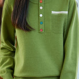 Casual Fake Two-Part Half Placket Knit Top With Patch Pockets