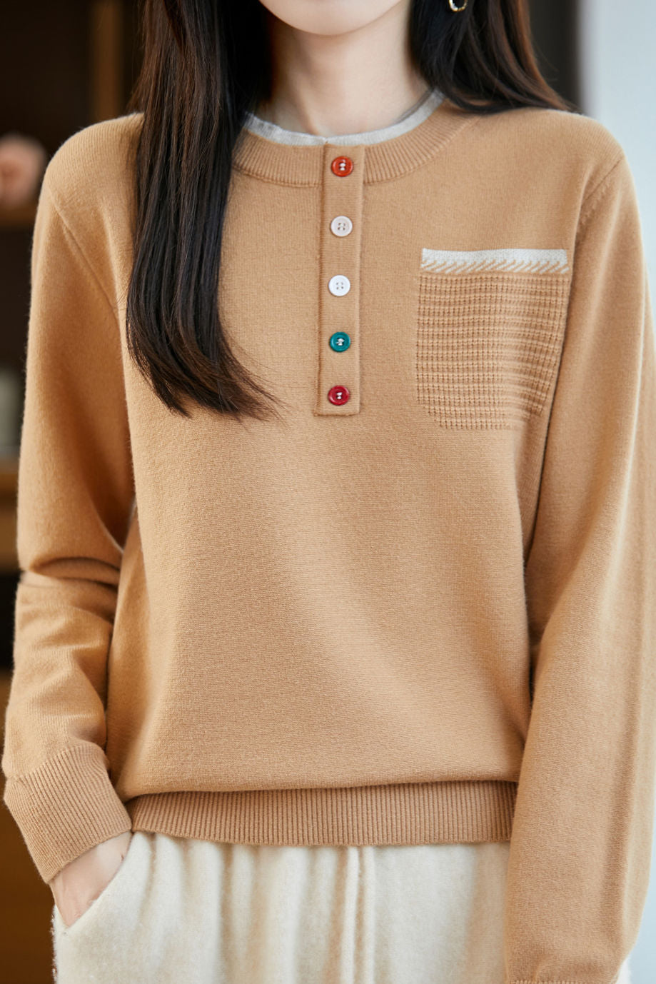 Casual Fake Two-Part Half Placket Knit Top With Patch Pockets