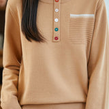 Casual Fake Two-Part Half Placket Knit Top With Patch Pockets