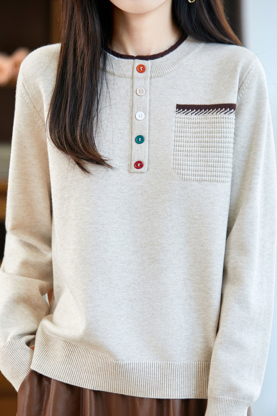 Casual Fake Two-Part Half Placket Knit Top With Patch Pockets