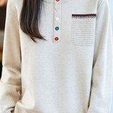 Casual Fake Two-Part Half Placket Knit Top With Patch Pockets