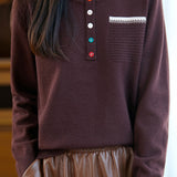 Casual Fake Two-Part Half Placket Knit Top With Patch Pockets