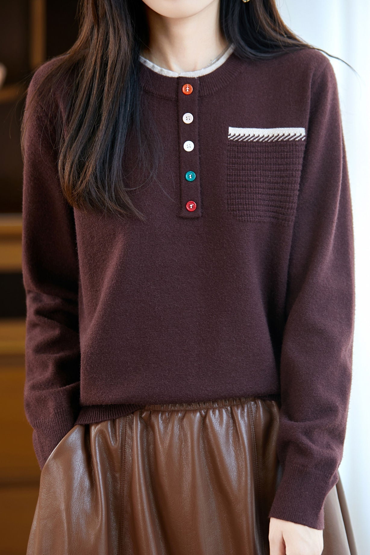 Casual Fake Two-Part Half Placket Knit Top With Patch Pockets