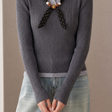 Vintage Polka Dot Ribbed Knit Sweater With Ribbon And Bead Details