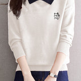 Casual Color Contrast Lapel Knit Sweater With Cartoon Embroidery