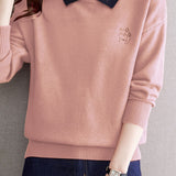Casual Color Contrast Lapel Knit Sweater With Cartoon Embroidery