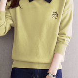 Casual Color Contrast Lapel Knit Sweater With Cartoon Embroidery
