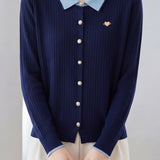 Elegant Color Contrast Lapel Ribbed Knit Cardigan