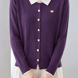 Elegant Color Contrast Lapel Ribbed Knit Cardigan