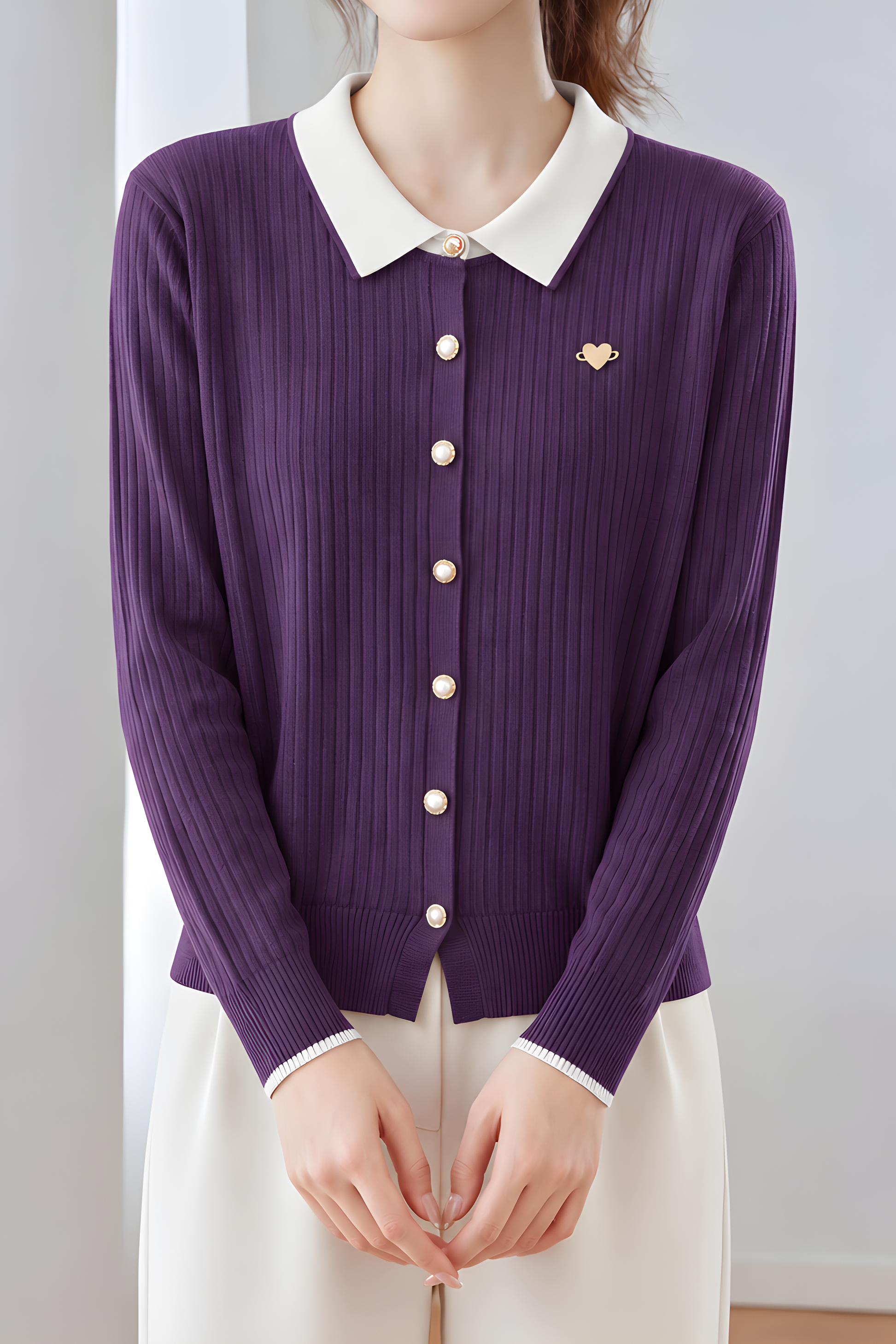 Elegant Color Contrast Lapel Ribbed Knit Cardigan