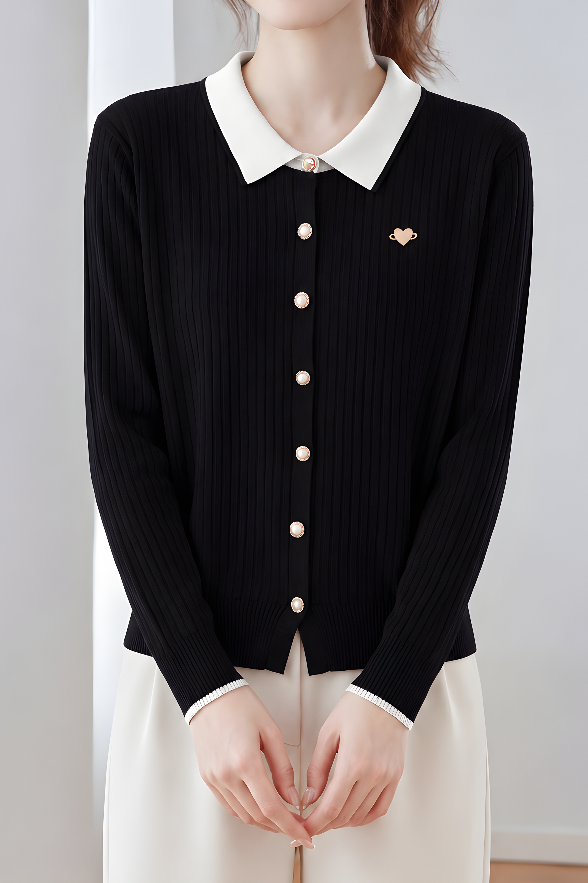 Elegant Color Contrast Lapel Ribbed Knit Cardigan