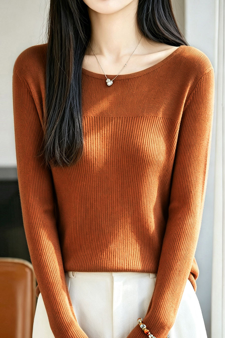 Commuter Spliced Ribbed Big Round Neck Knit Sweater