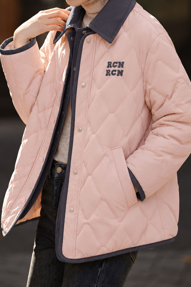 Casual Color Contrast Lapel Diamond Quilted Long Sleeve Puffer Coat