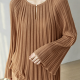 Elegant Lyocell Pleated Crew Neck Knit Sweater With Teardrop Buttons