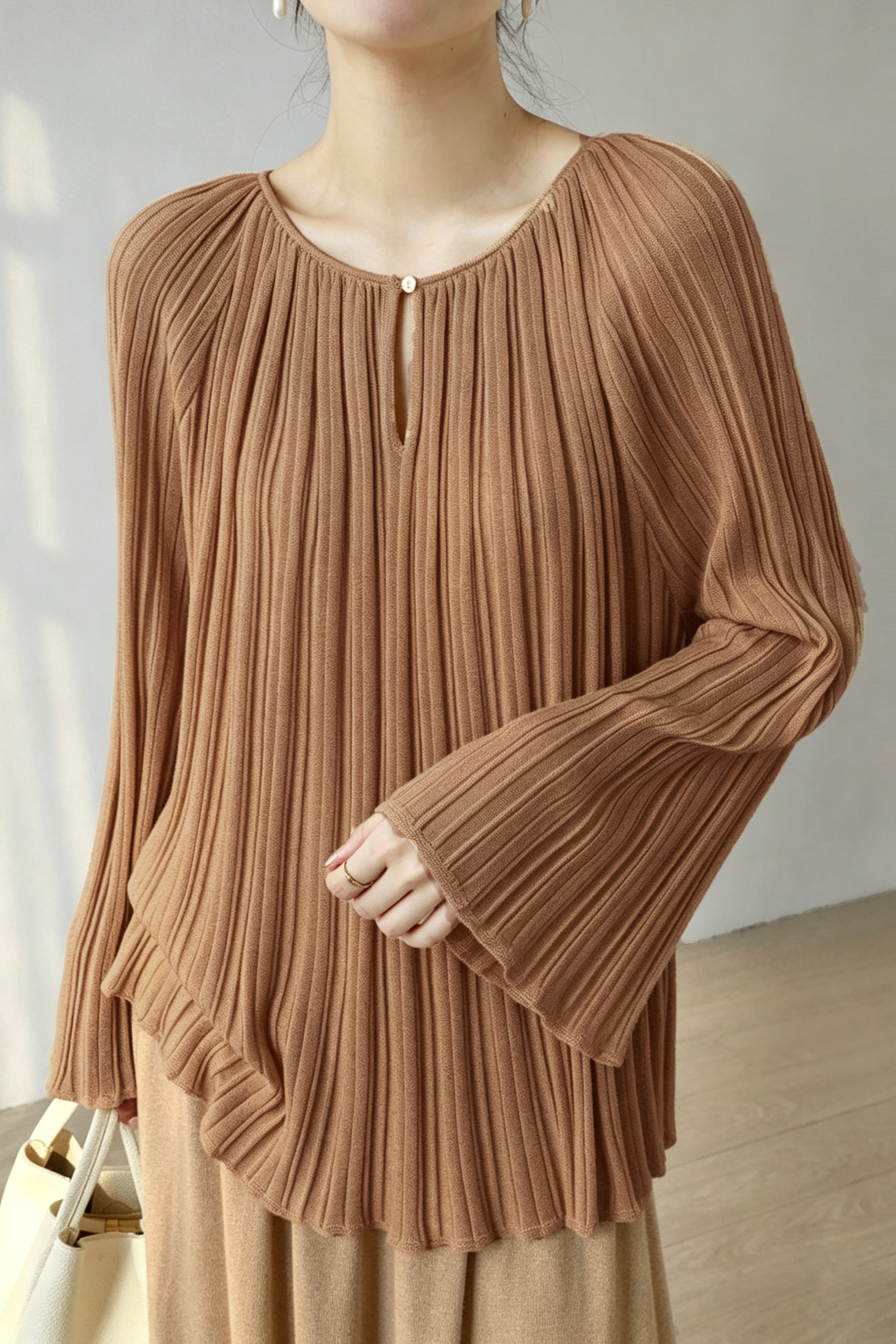 Elegant Lyocell Pleated Crew Neck Knit Sweater With Teardrop Buttons
