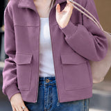 Casual Stand Collar Cotton Jacket With Flap Patch Pockets