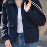 Casual Stand Collar Cotton Jacket With Flap Patch Pockets