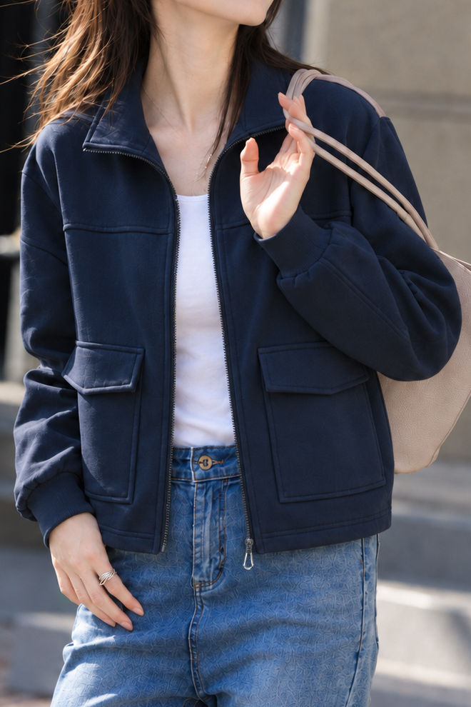 Casual Stand Collar Cotton Jacket With Flap Patch Pockets