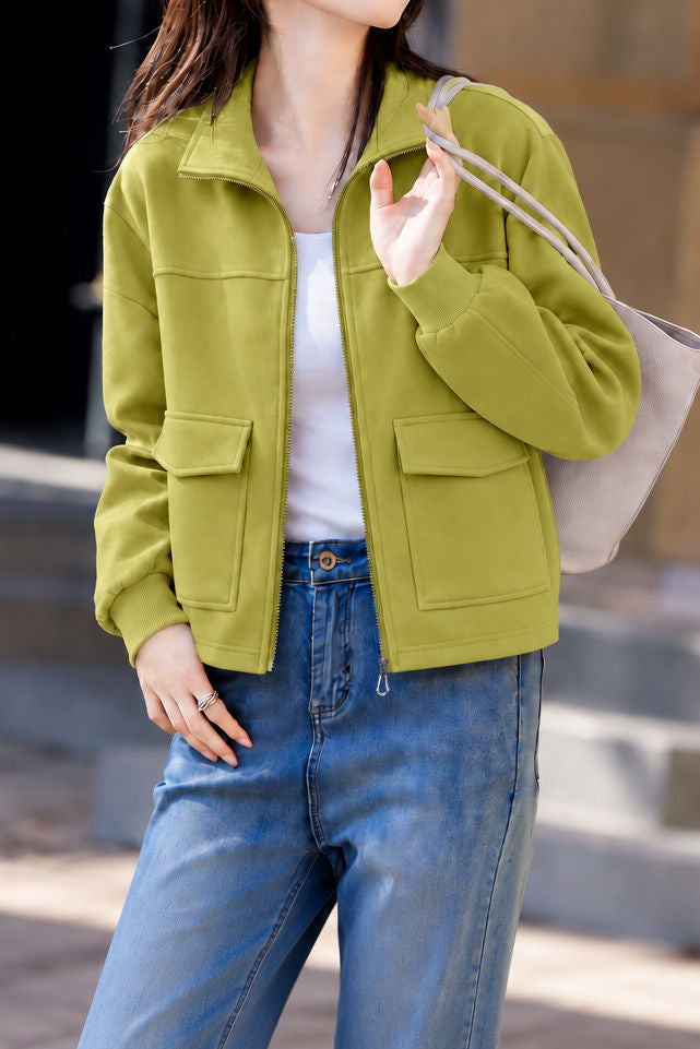 Casual Stand Collar Cotton Jacket With Flap Patch Pockets