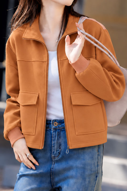 Casual Stand Collar Cotton Jacket With Flap Patch Pockets