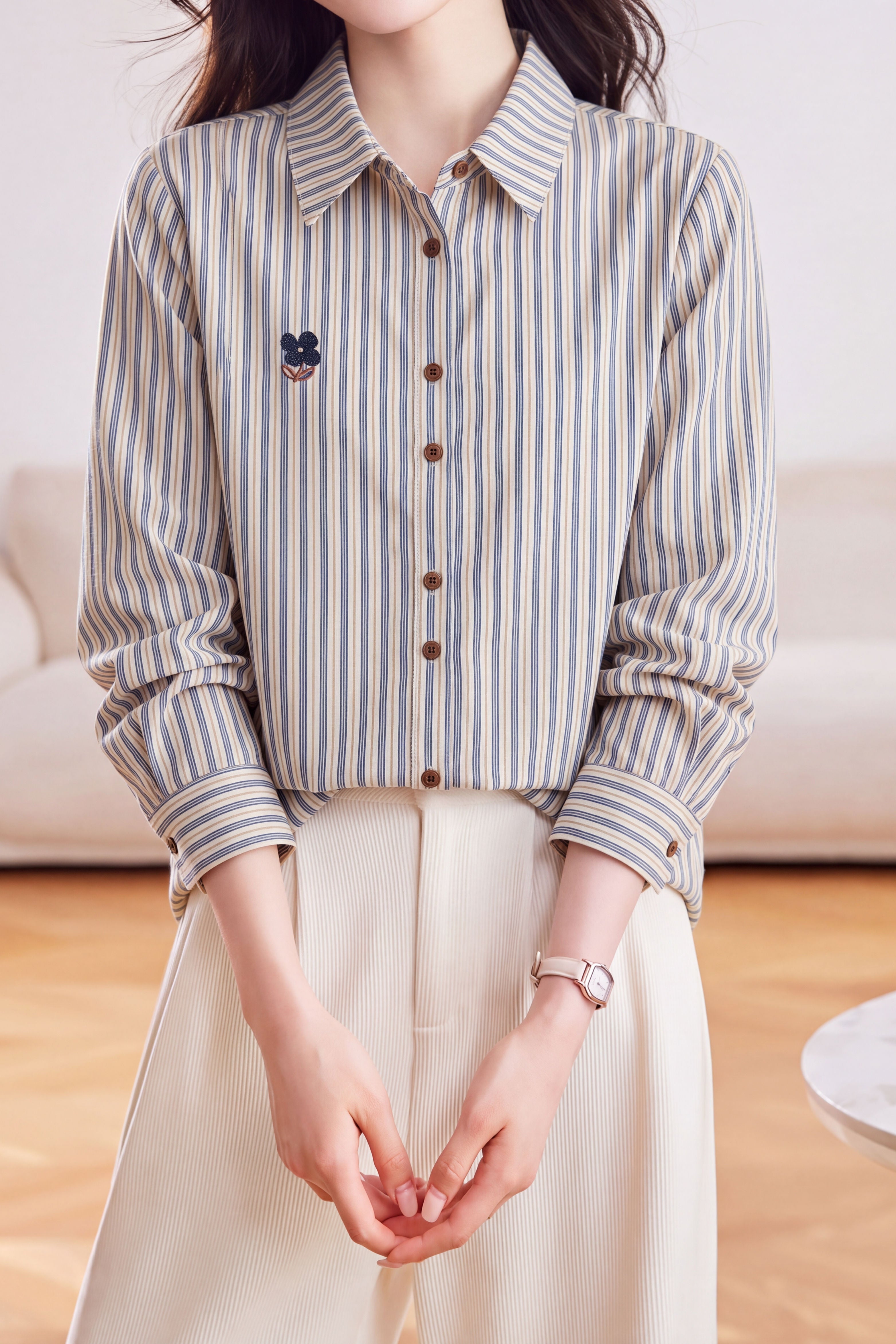 Fresh Vertical Striped Shirt With Floral Embroidery