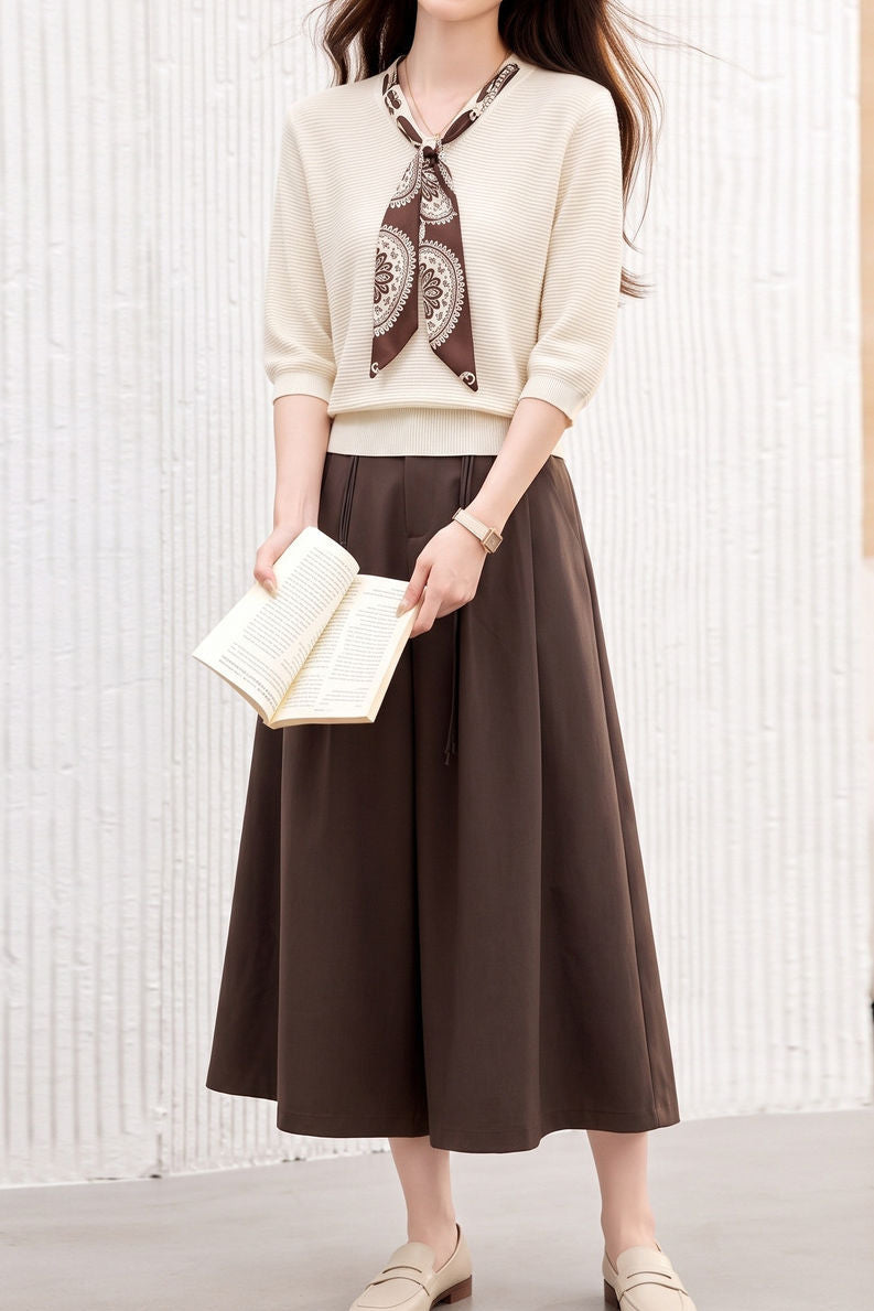Elegant Knit Midi Skirt Set With Printed Scarf Sash