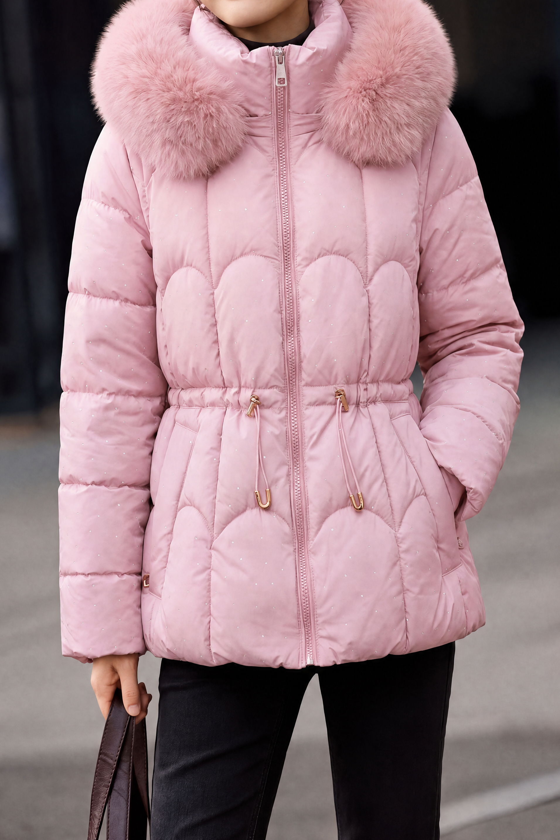 Exquisite Elegant High Neck Hooded Puffer Coat With Large Fur Collar