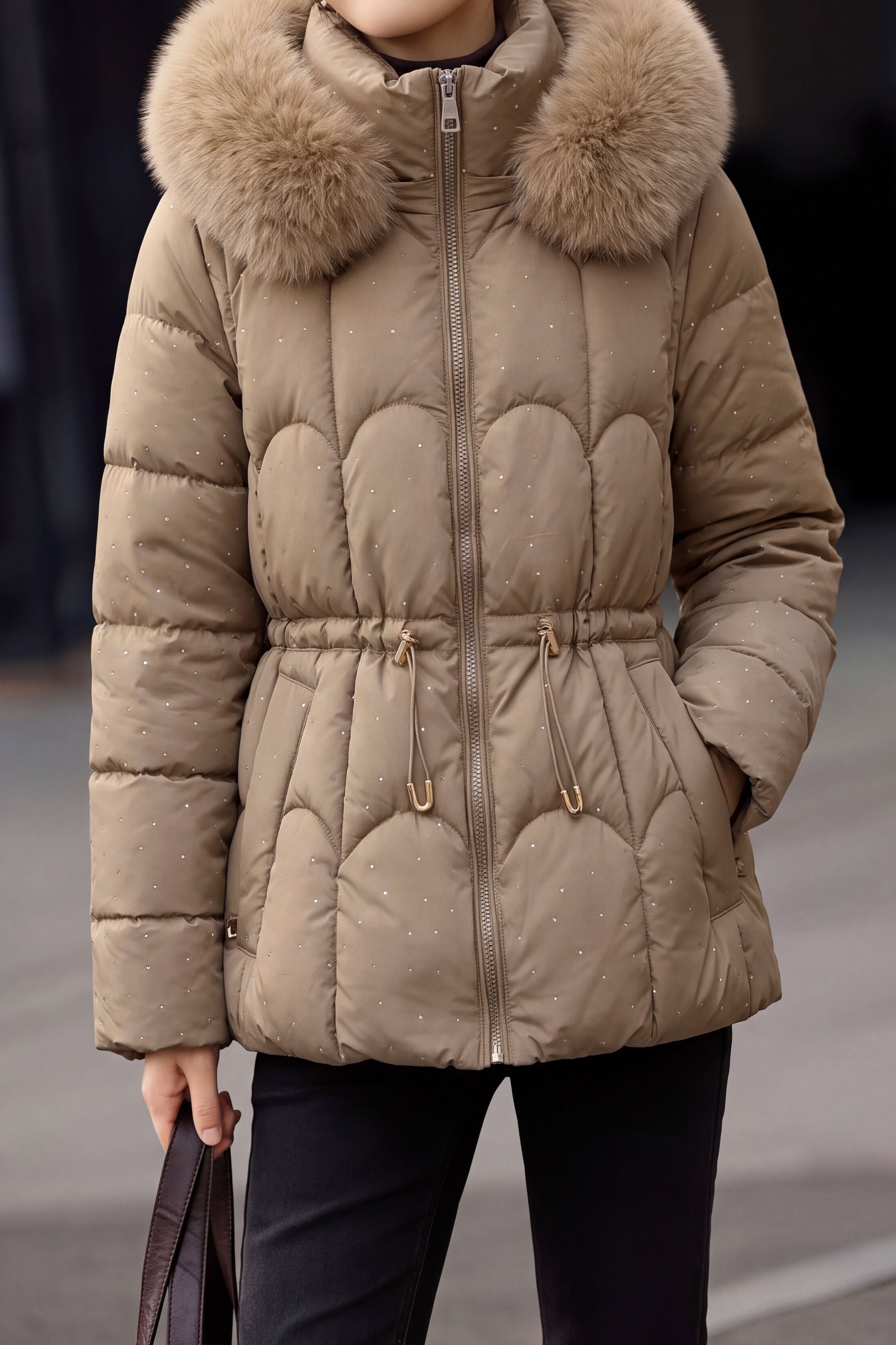 Exquisite Elegant High Neck Hooded Puffer Coat With Large Fur Collar