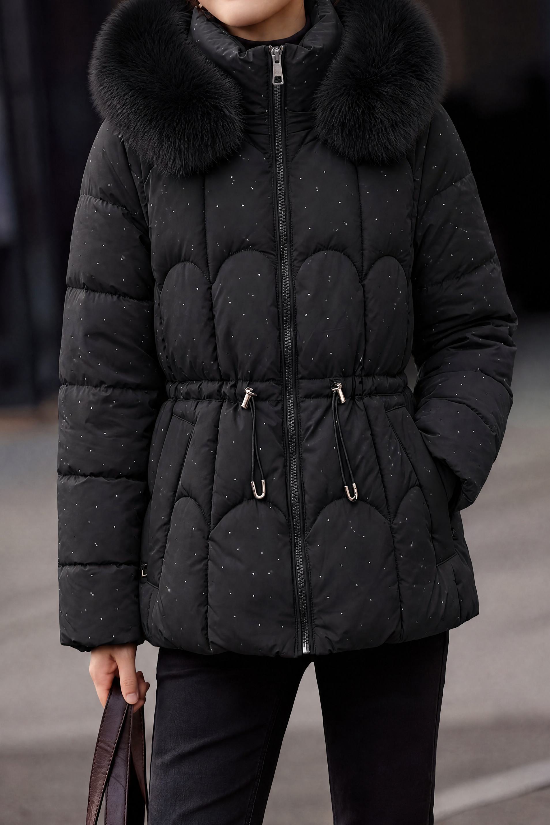 Exquisite Elegant High Neck Hooded Puffer Coat With Large Fur Collar