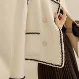 French Elegant V-Neck Color Contrast Double Breasted Long Sleeve Outerwear