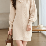 Elegant Lapel Cable Knit Long Sleeve Knit Dress