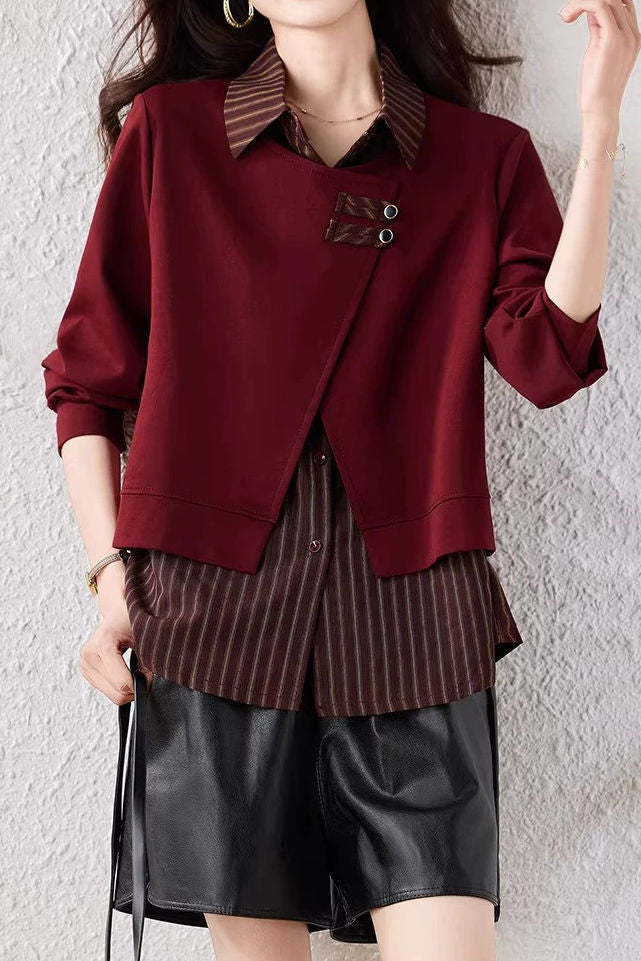 Casual Lapel Spliced Fake Two-Piece Long Sleeve Sweatshirt