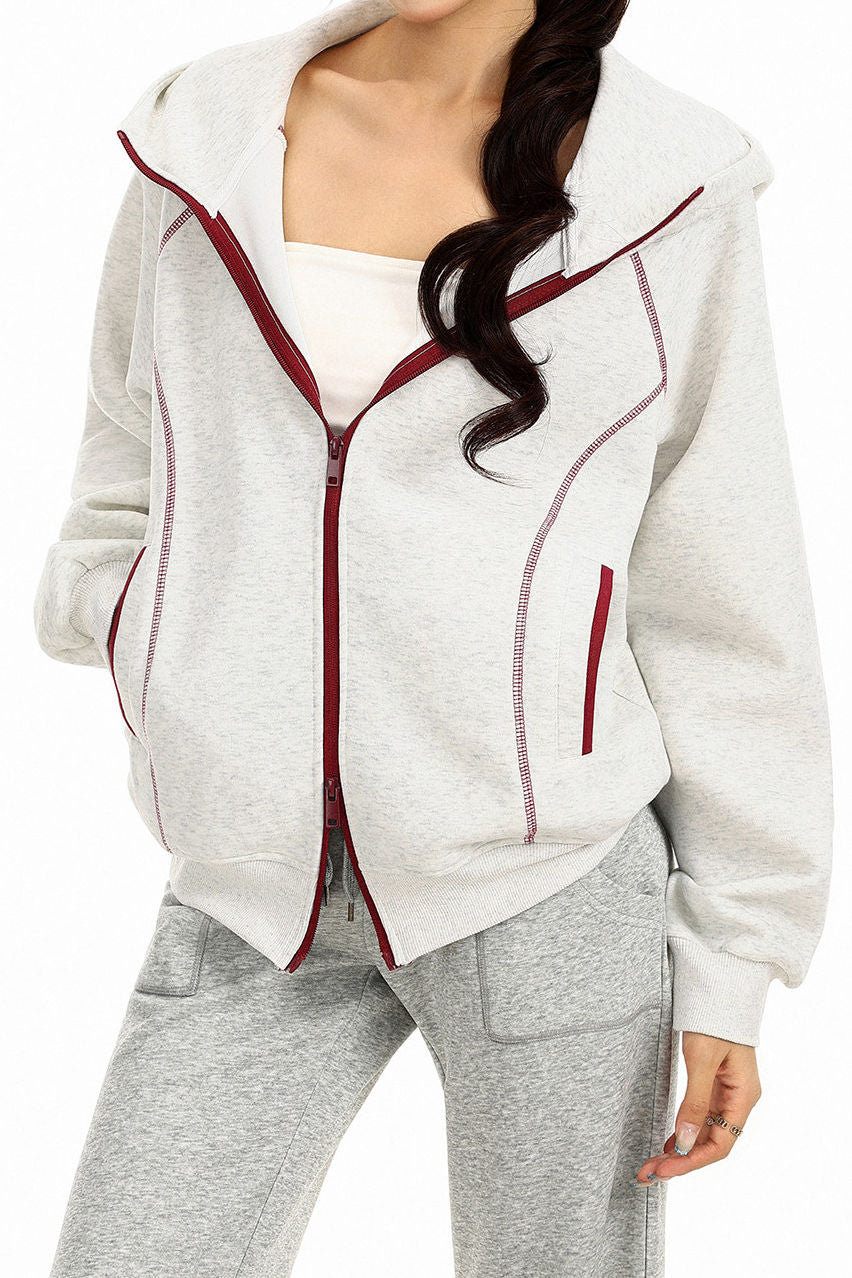 Casual Color Contrast Stitched Hooded Zipper Long Sleeve Coat