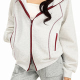 Casual Color Contrast Stitched Hooded Zipper Long Sleeve Coat
