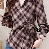 Vintage Elegant Lapel V-Neck Tie Long Sleeve Plaid Shirt
