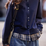 Casual Crew Neck Plaid Spliced Long Sleeve Sweatshirt