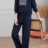 Casual Fake Lapel Printed Sweatshirt & High Waist Elastic Wide Leg Pants Set